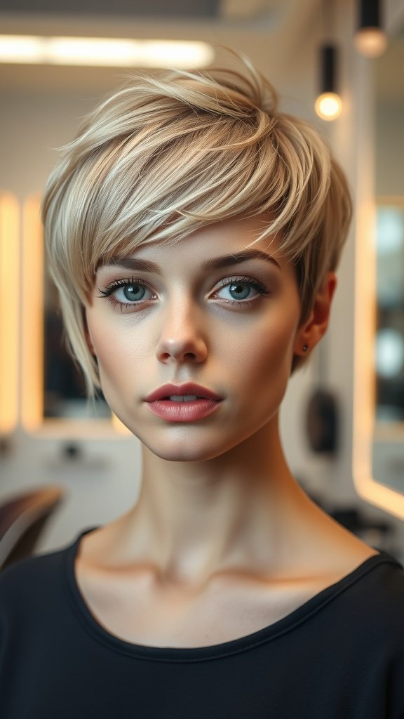 A woman with a soft layered pixie cut, showcasing a fresh and youthful look.