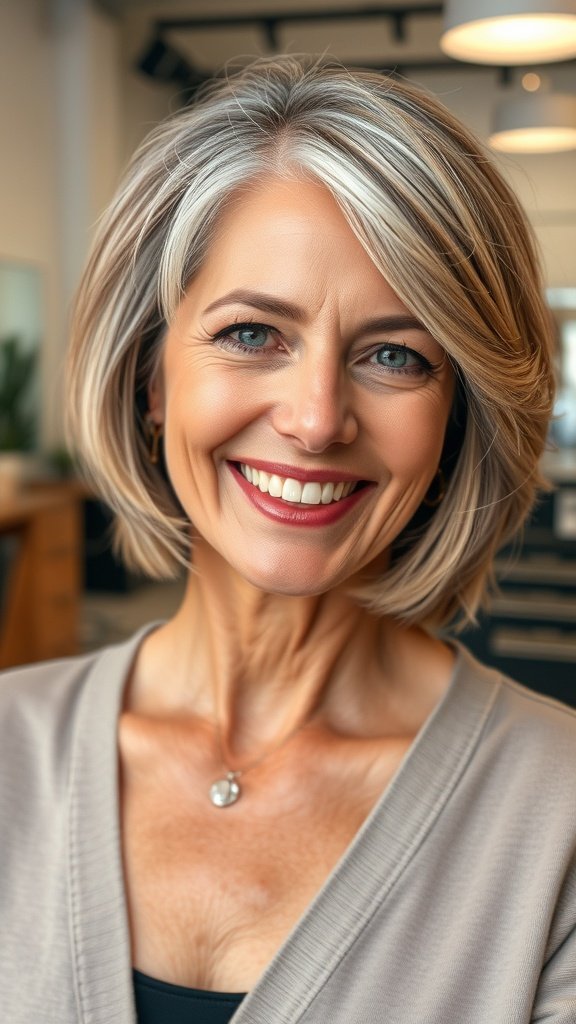 A woman over 50 with a softly layered bob and side-swept bangs, smiling confidently.