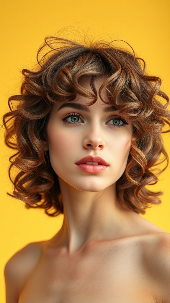 A woman with a softly layered curly bob hairstyle against a yellow background.