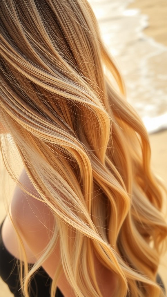 Sandy blonde hair with sun-kissed balayage highlights, styled in soft waves