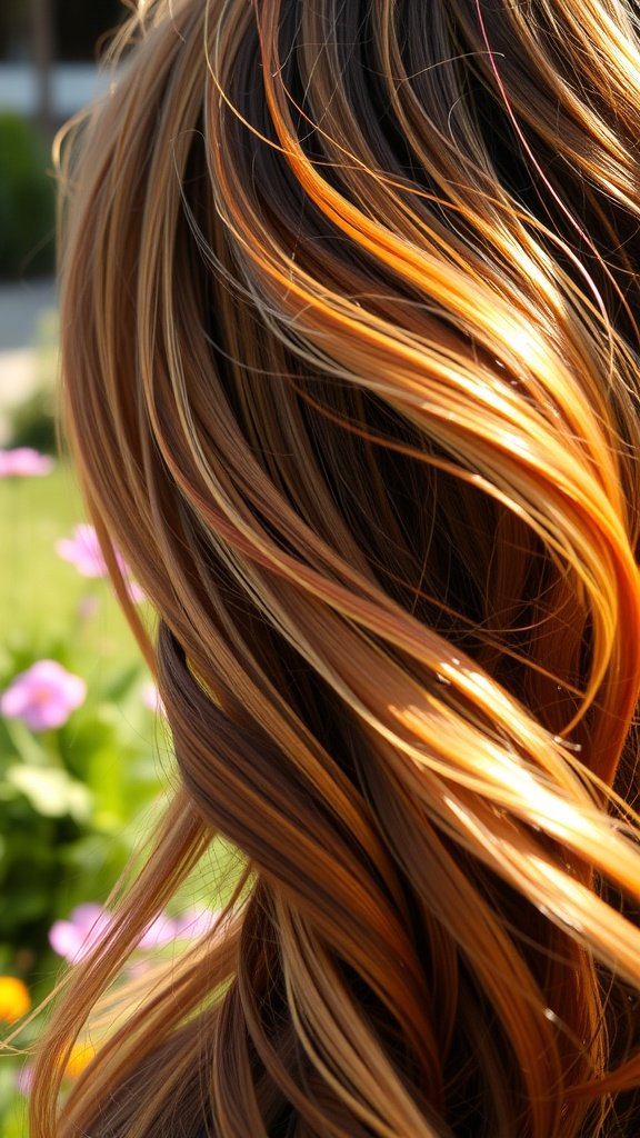 A close-up of light brown hair with sunkissed chestnut highlights, flowing in soft waves.
