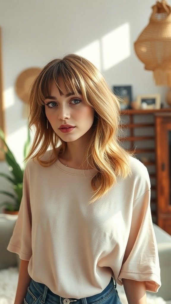 A young woman with textured curtain bangs and beach waves, wearing a light shirt, posing in a bright room.