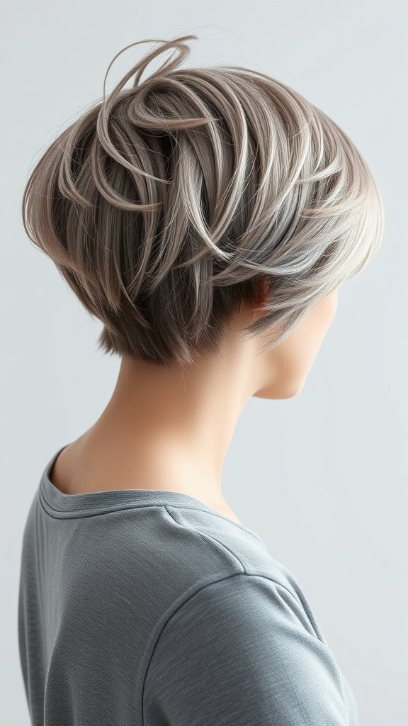 A textured pixie hairstyle on natural gray hair, showcasing soft, wispy strands.