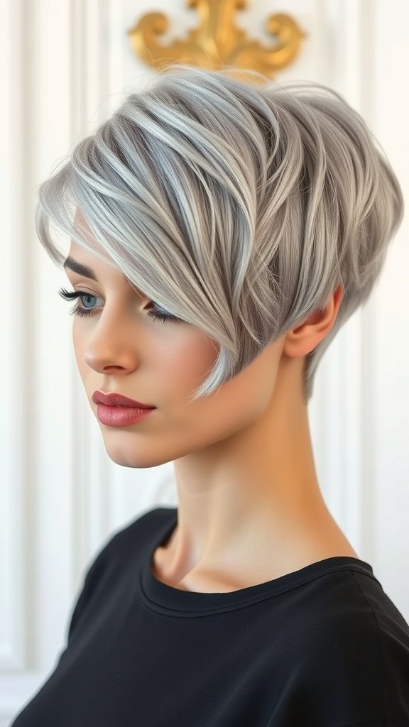 A woman with a textured silver pixie hairstyle featuring an undercut, showcasing a modern and stylish look.