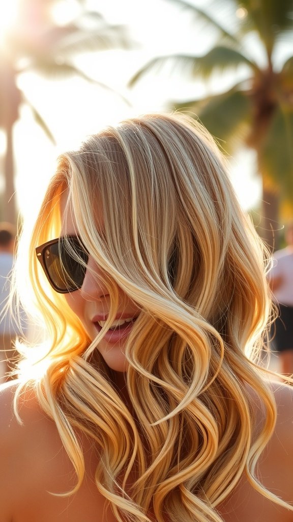 A woman with wavy, sun-kissed Toasted Coconut Blonde hair, wearing sunglasses, with a tropical background.