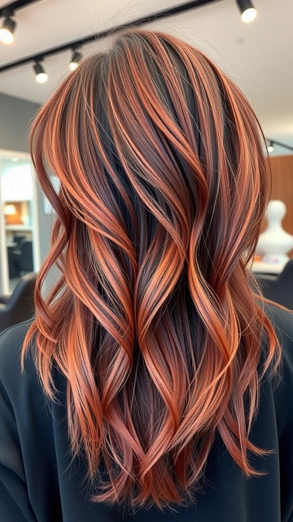 A back view of a long shag haircut with curtain bangs, featuring reddish hues and tousled waves.