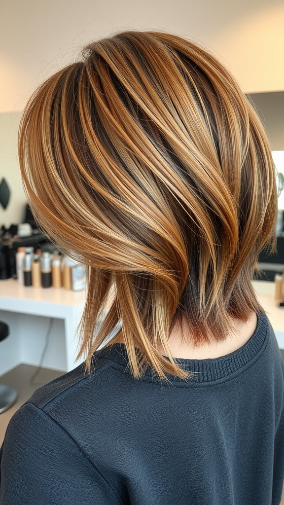 Trendy inverted feathered bob hairstyle with caramel highlights