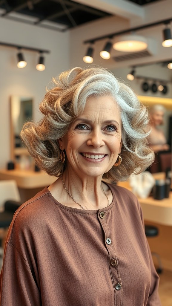 A woman over 70 with a voluminous curled bob hairstyle, smiling in a salon setting.