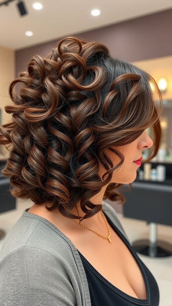 A woman with a voluminous curly bob hairstyle featuring a side part, showcasing defined curls and rich brown tones.