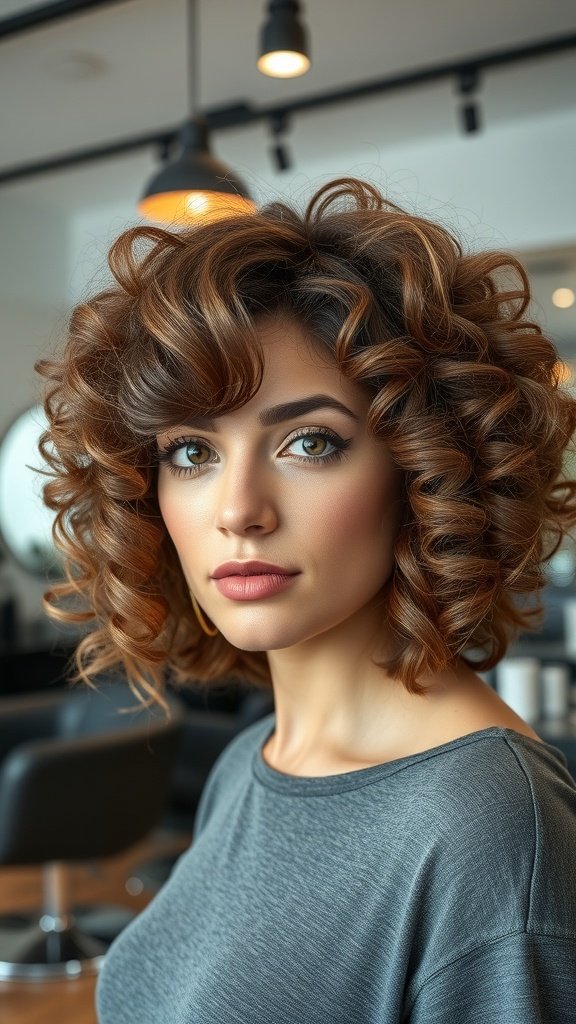 A woman with a voluminous curly perm on a chic bob hairstyle, showcasing defined curls and a stylish look.