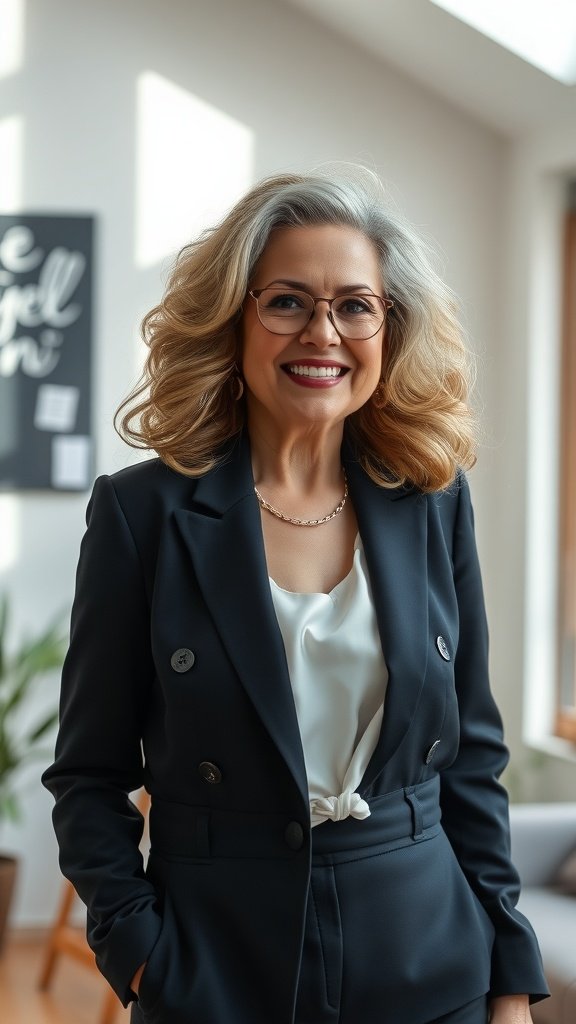 A woman over 50 with voluminous layered curls, wearing a stylish outfit and glasses, smiling confidently.