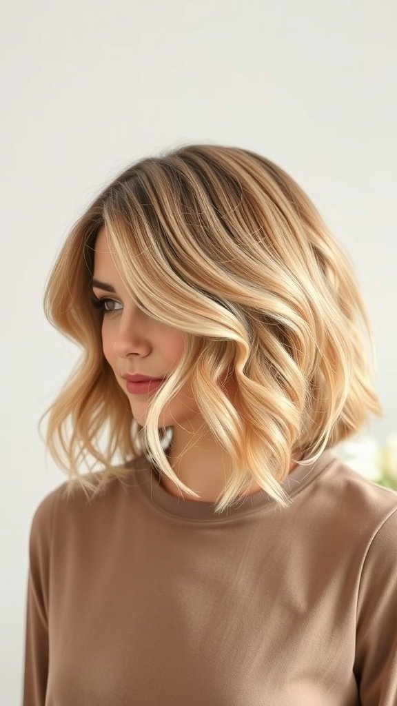 A woman with a wavy bob hairstyle featuring side-swept bangs, showcasing soft waves and a stylish look.