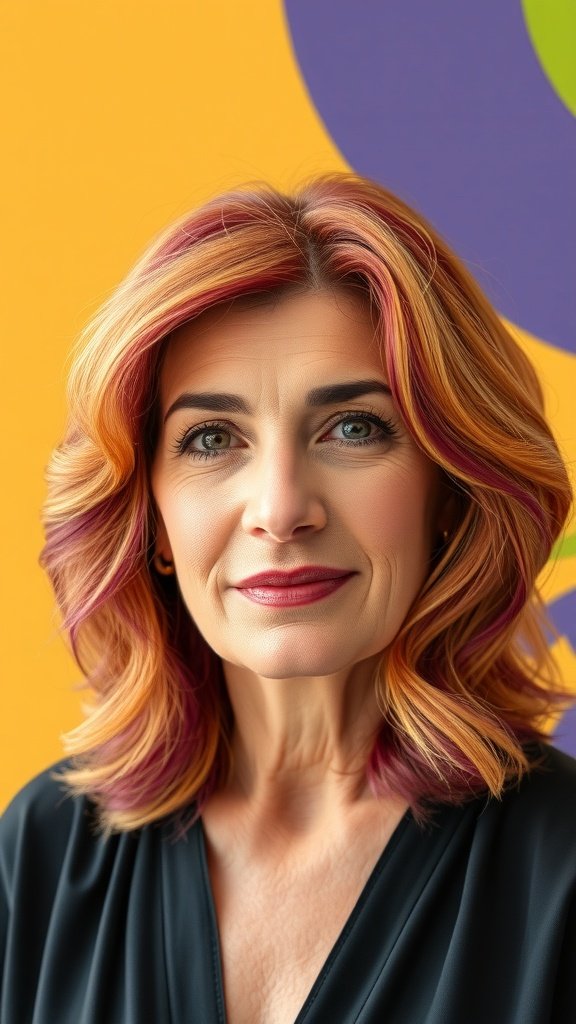 A woman with a wavy layered lob hairstyle featuring vibrant colors, smiling against a colorful background.