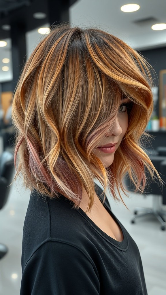 A woman with wavy layered shag haircut featuring side-swept bangs, showcasing a stylish and modern look.