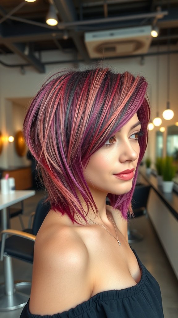 A woman with an angled asymmetrical haircut featuring vibrant pink and purple highlights, styled with face-framing layers.