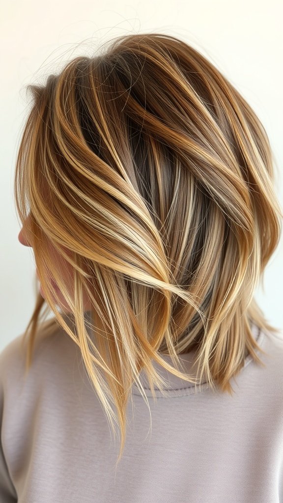A stylish angled cut with swoopy layers, showcasing light waves and a blend of blonde hues.