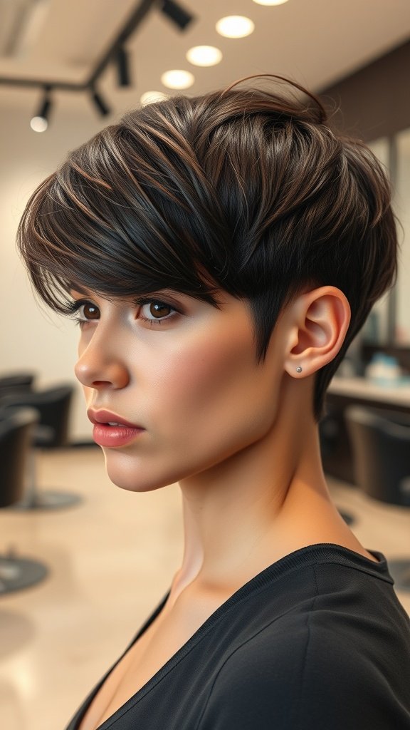 A woman with an angled pixie haircut and a sweeping fringe, showcasing texture and shape.