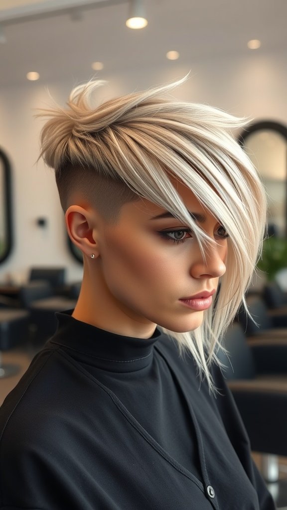 A woman with an angled razor cut hairstyle featuring wispy ends, showcasing a modern and edgy look.