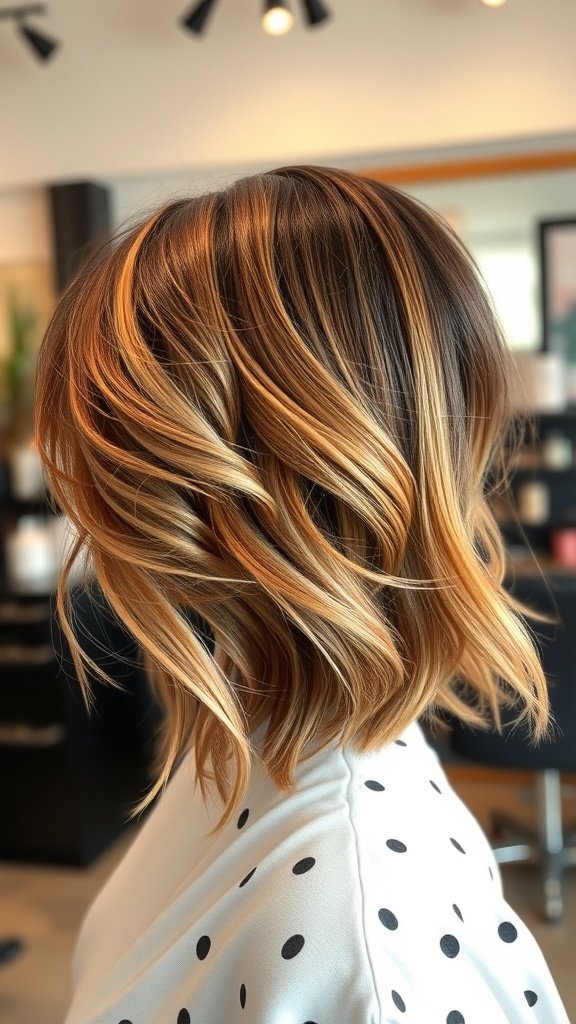 Asymmetrical haircut with caramel balayage highlights