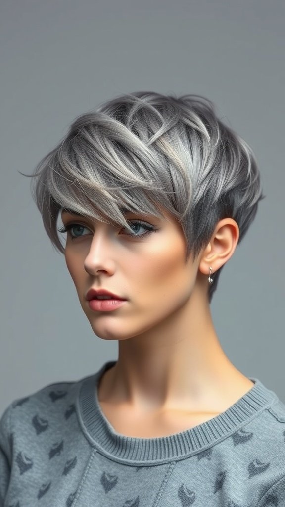 A woman with a bixie haircut featuring cool grey tones, wearing a grey sweater.
