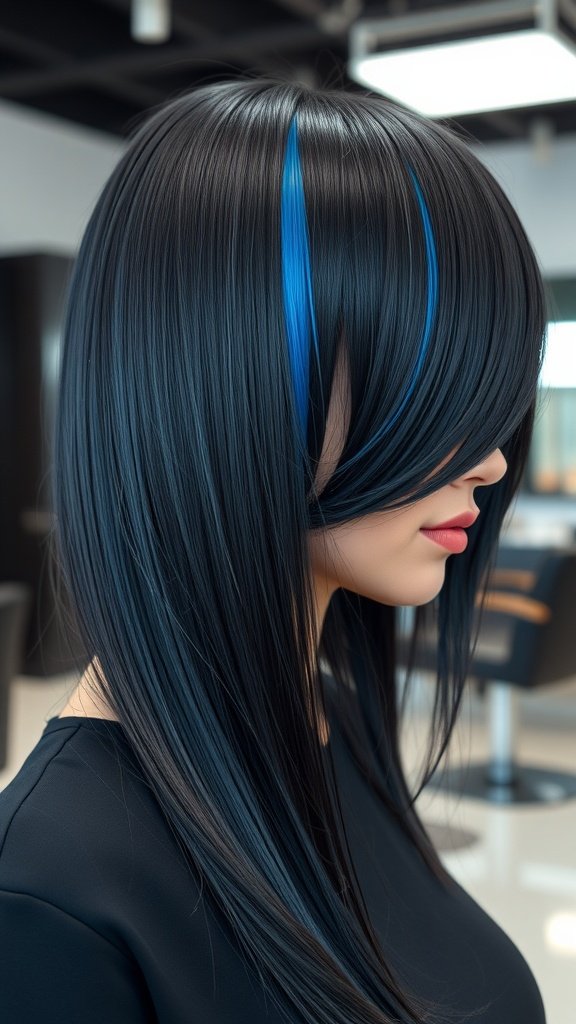 A woman with long black hair featuring an electric blue accent piece, showcasing a stylish hair color trend.