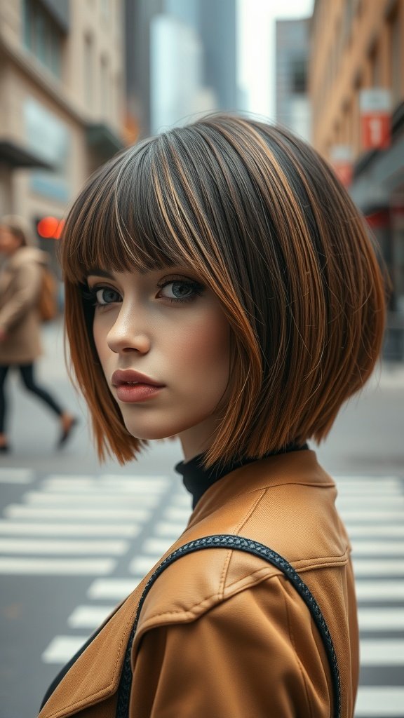A model with a blunt bob hairstyle featuring choppy ends and fringe, wearing a stylish outfit in an urban setting.