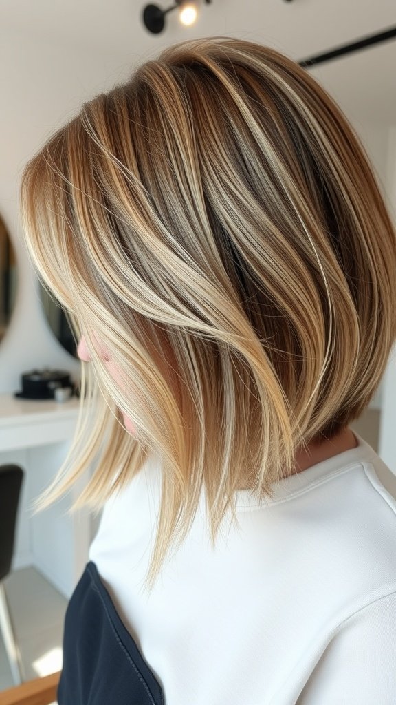 A woman with a blunt cut hairstyle featuring wispy layers and subtle highlights.