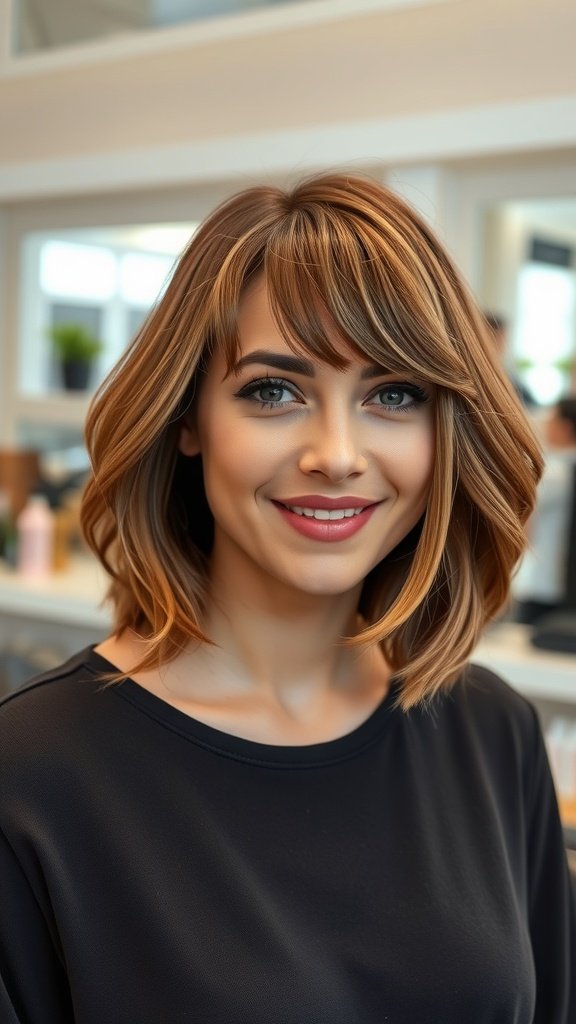 A woman with a bob hairstyle featuring flipped ends and wispy bangs, smiling in a salon.