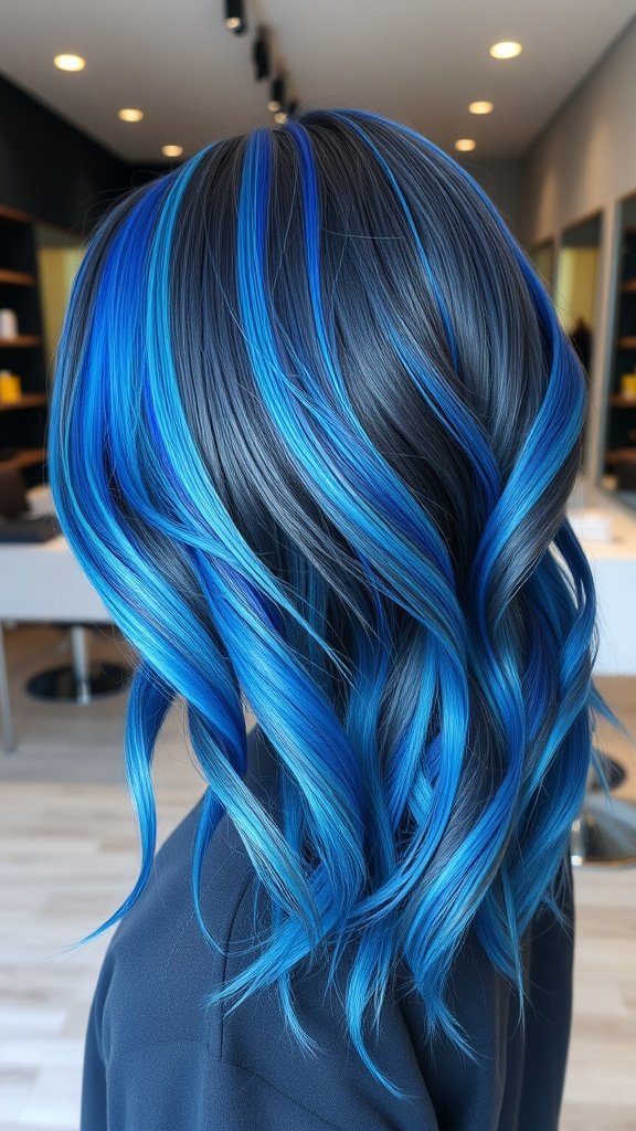 A hairstyle featuring bold blue streaks on layered waves, showcasing vibrant colors and texture.