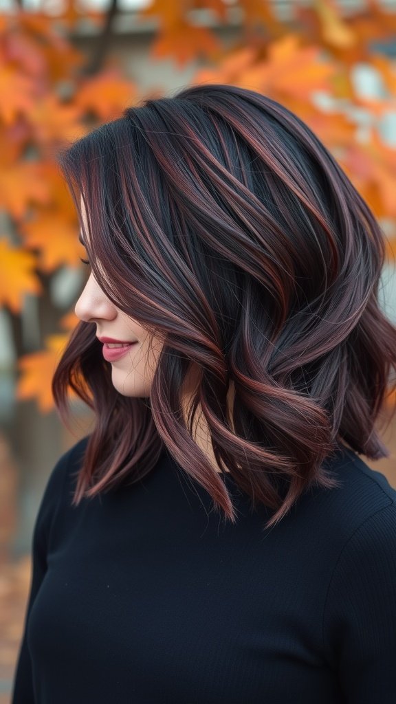 A woman with burgundy ombre hair styled in an asymmetrical bob, showcasing rich colors against a backdrop of autumn leaves.