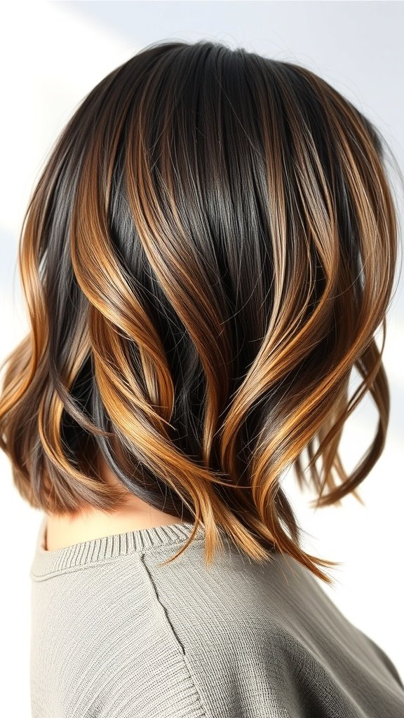 A stylish dark brown bob with caramel highlights, showcasing soft waves and a radiant glow.