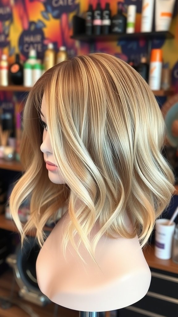 Champagne blonde balayage lob hairstyle with soft waves