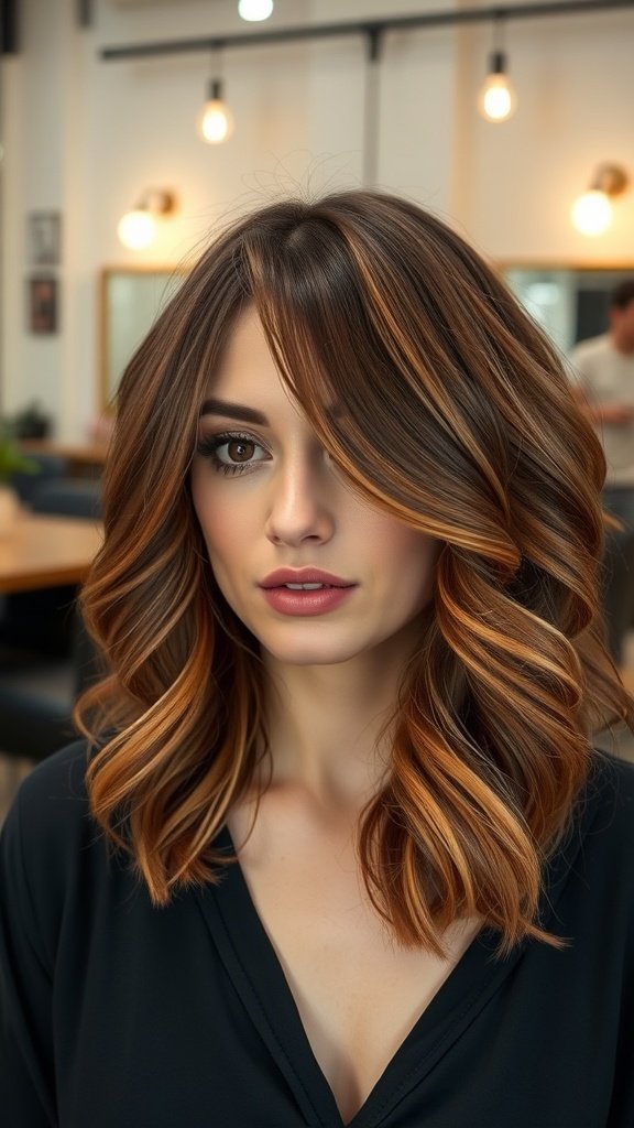 A woman with shoulder-length chestnut waves and copper highlights, showcasing a stylish hairstyle.