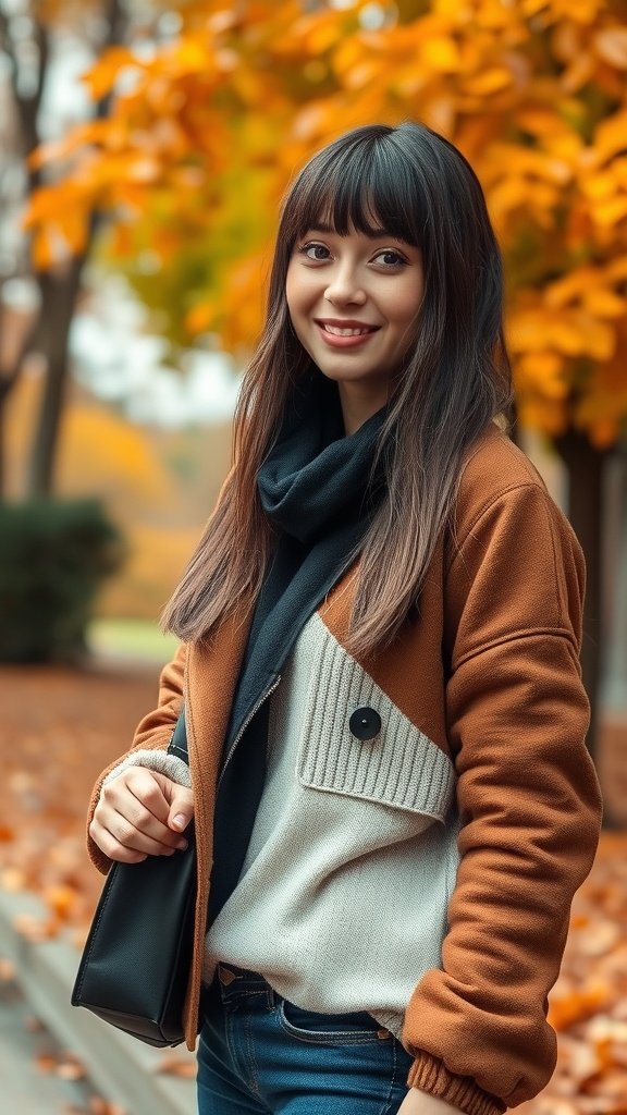 A young woman with choppy curtain bangs, wearing a cozy outfit, standing in front of autumn foliage.