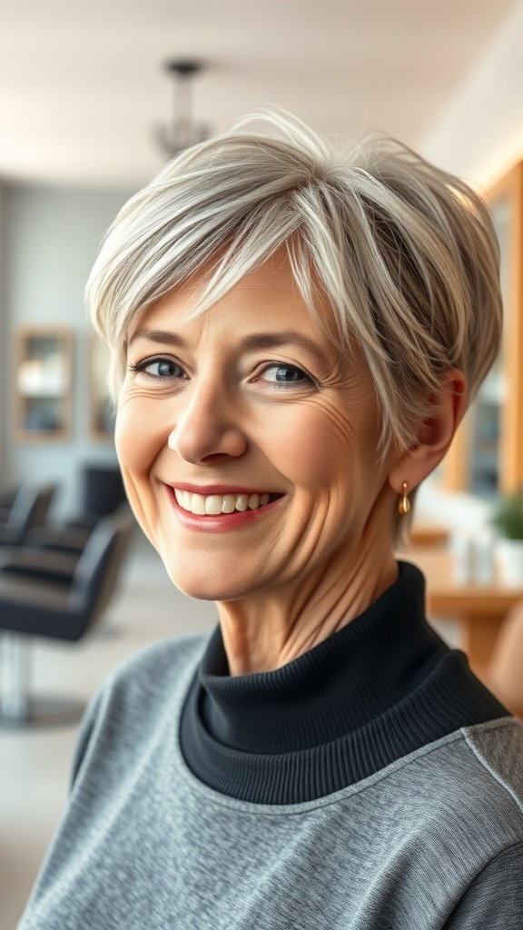 A woman with a choppy pixie haircut and soft layers, smiling confidently in a modern salon setting.