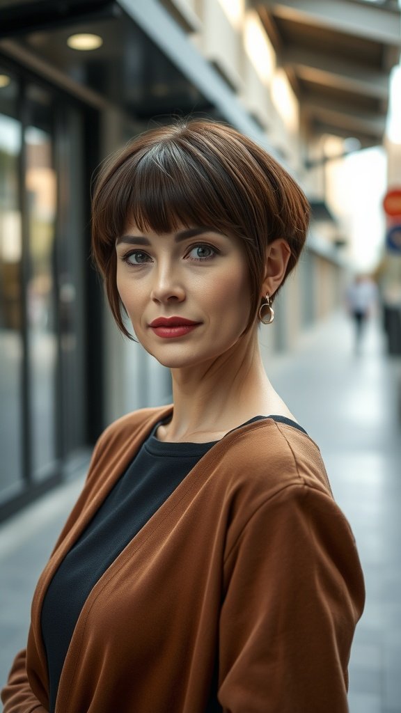 A woman with a classic pageboy cut and soft fringe, showcasing a stylish and sophisticated look.