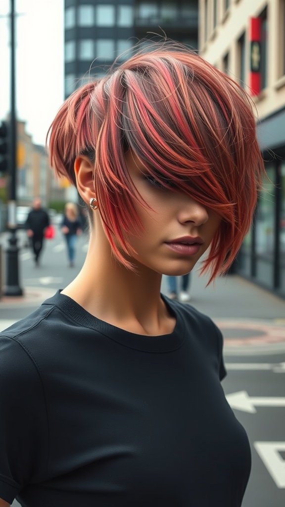 A woman with a classic shag haircut featuring a modern twist and undercut, showcasing vibrant hair colors.