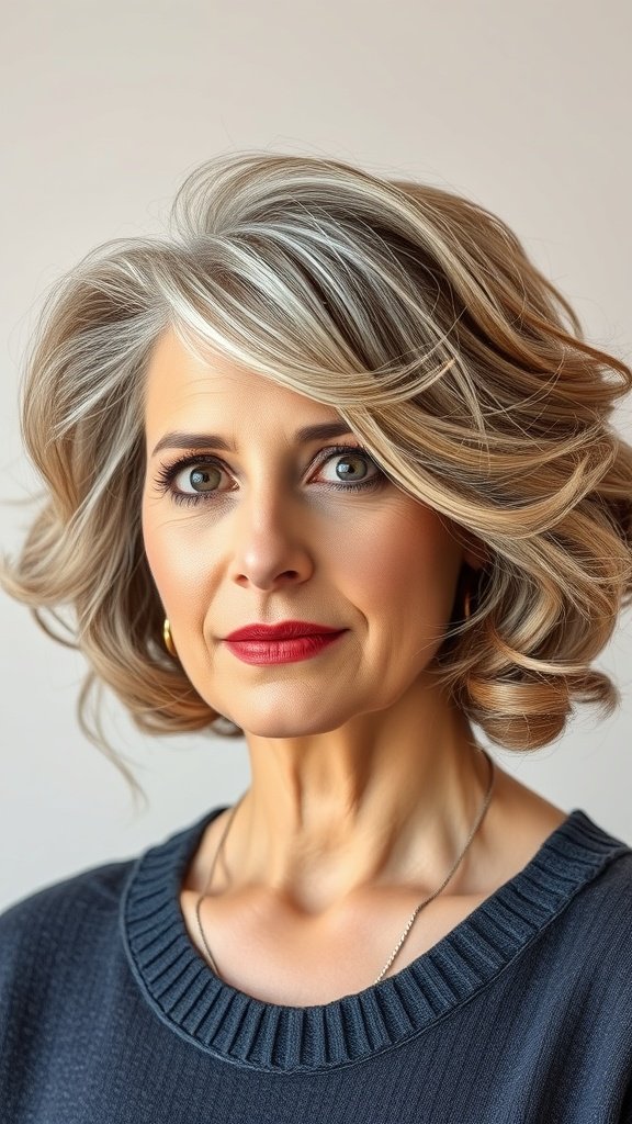 A woman with a curled under bob hairstyle, showcasing volume and elegance.