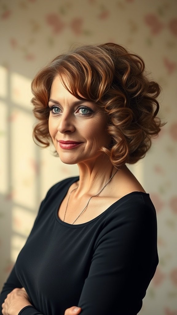 A woman with a curly A-line bob hairstyle, smiling confidently.