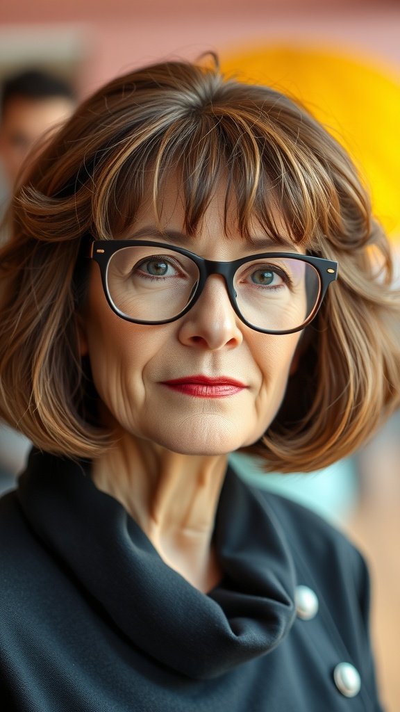 A woman over 70 with a curly bob hairstyle and soft fringe, wearing glasses.