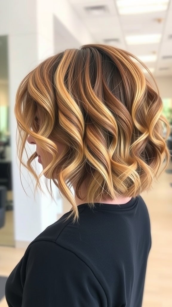 Curly bob hairstyle with subtle balayage, showcasing soft curls and warm tones.