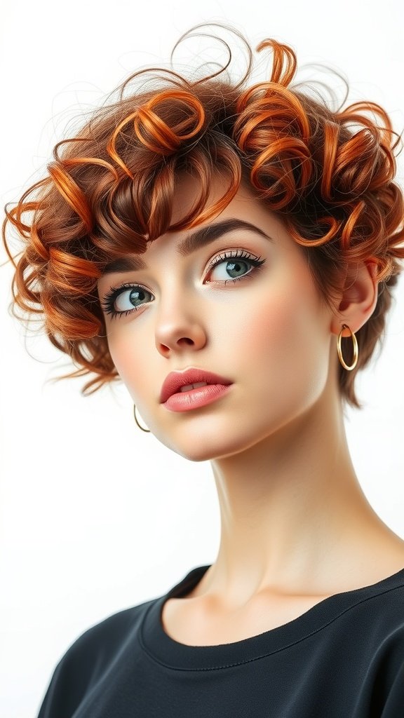 A young woman with curly red hair styled in a pixie cut with baby bangs, showcasing a fresh and vibrant look.