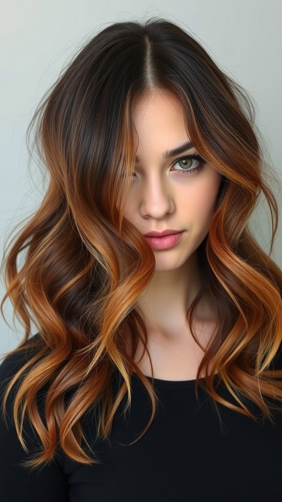 A woman with dark-to-light copper hair transformation, featuring rich dark roots and vibrant copper highlights.
