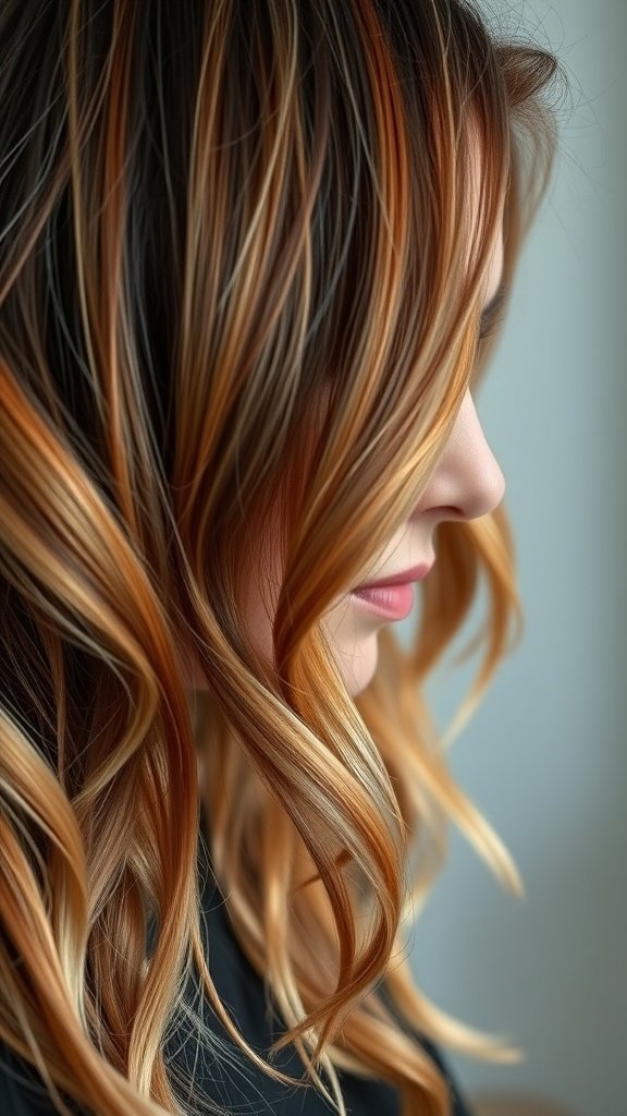 Dark ash blonde hair with copper highlights styled in soft waves