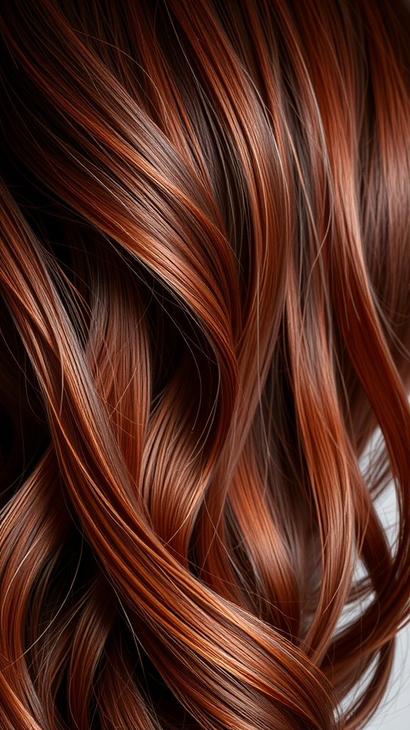 Close-up of deep brick red layered hair, showcasing rich color and texture.