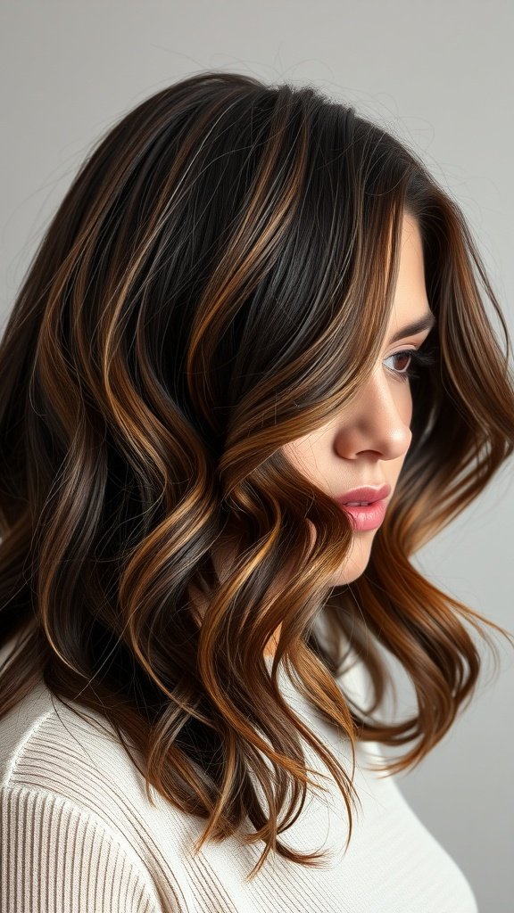 A woman with deep brown hair featuring mocha blonde highlights, styled in soft waves.