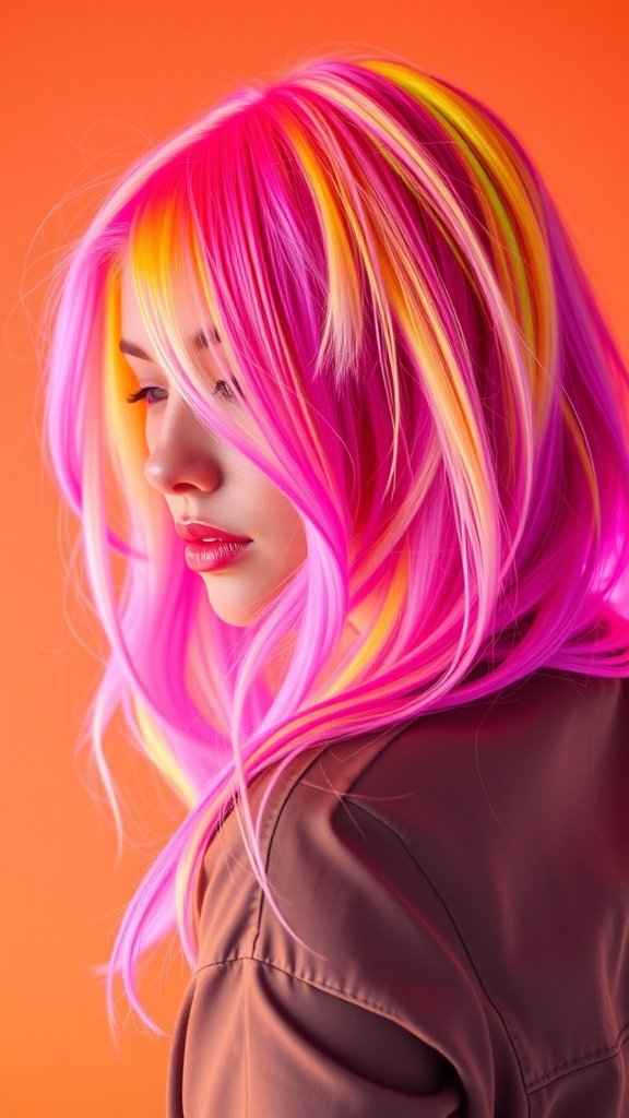A woman with electric blonde hair featuring neon pink and yellow streaks, set against an orange background.