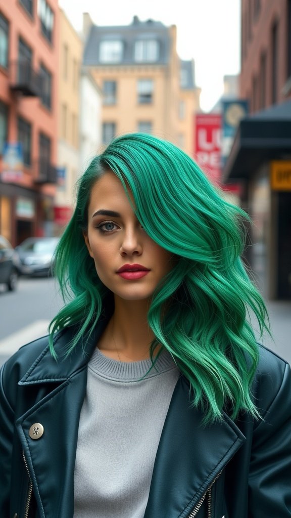 A woman with an emerald green angled wavy bob hairstyle, wearing a leather jacket and a grey sweater, standing in a city street.