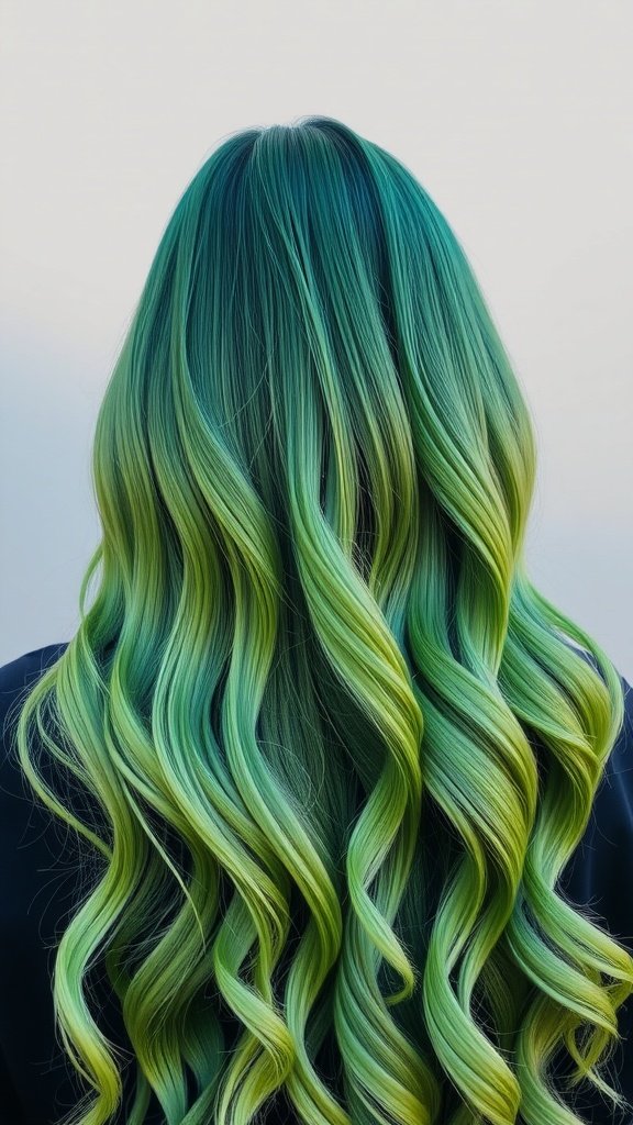 A vibrant emerald green to lime green ombre hairstyle with loose waves.