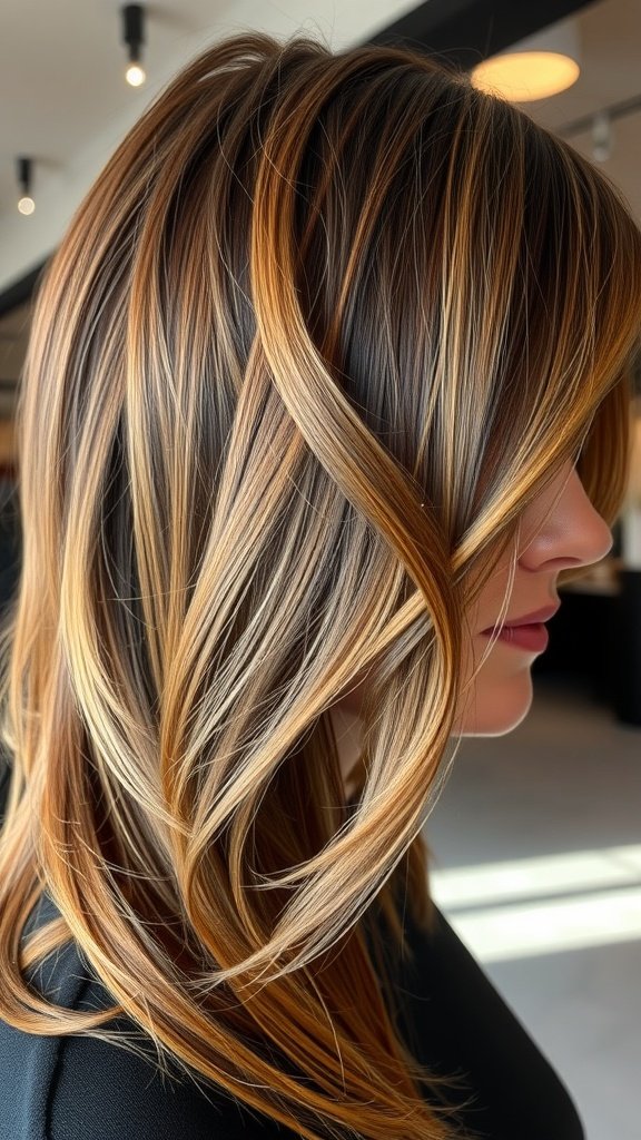 A close-up view of light brown hair with espresso and caramel highlights, showcasing a beautiful blend of colors.